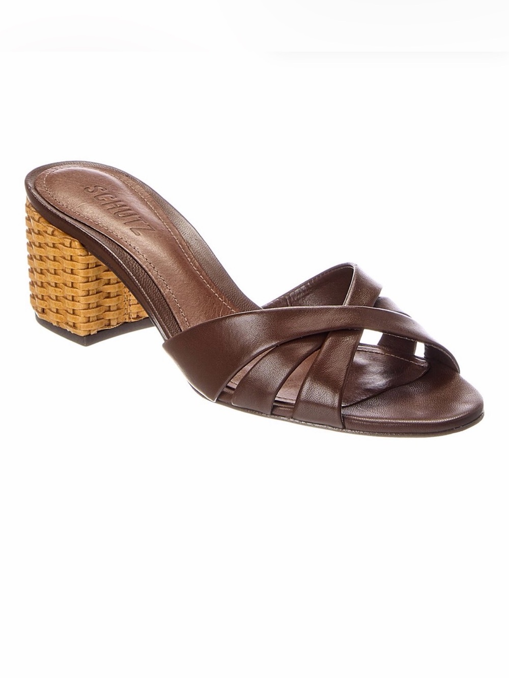 SCHUTZ Brown Leather Crisscross Mule with Woven Block Heel